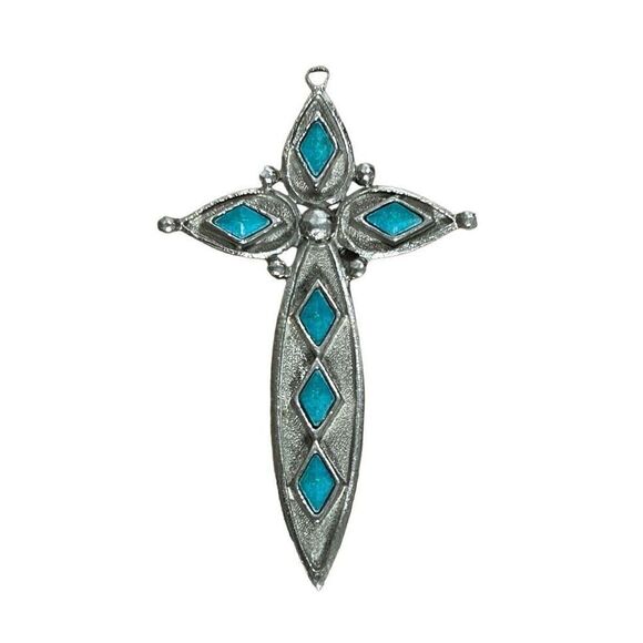 Vintage St. Labre Turquoise Cross Pendant Crucifix Silver Tone - Picture 1 of 7